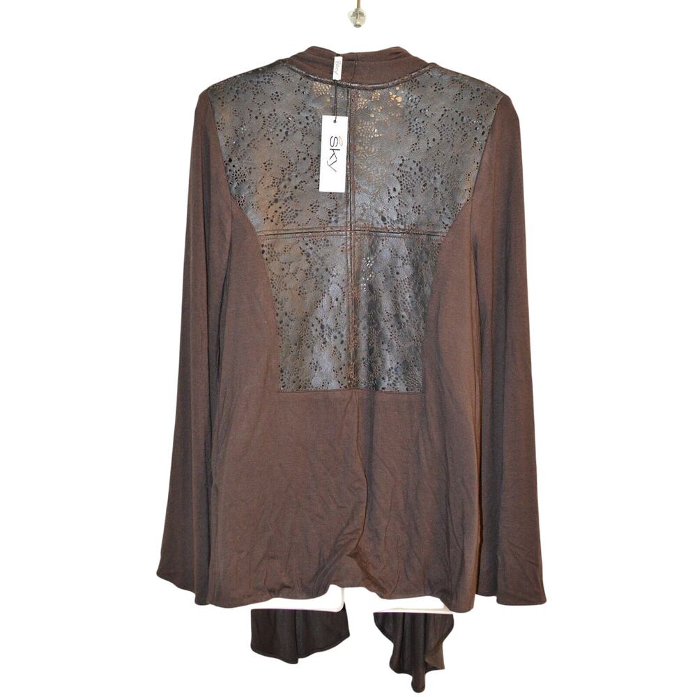 Sky Clothing Brand S NWT Wrap Jacket Knit Leather Back Floral Espresso Brown